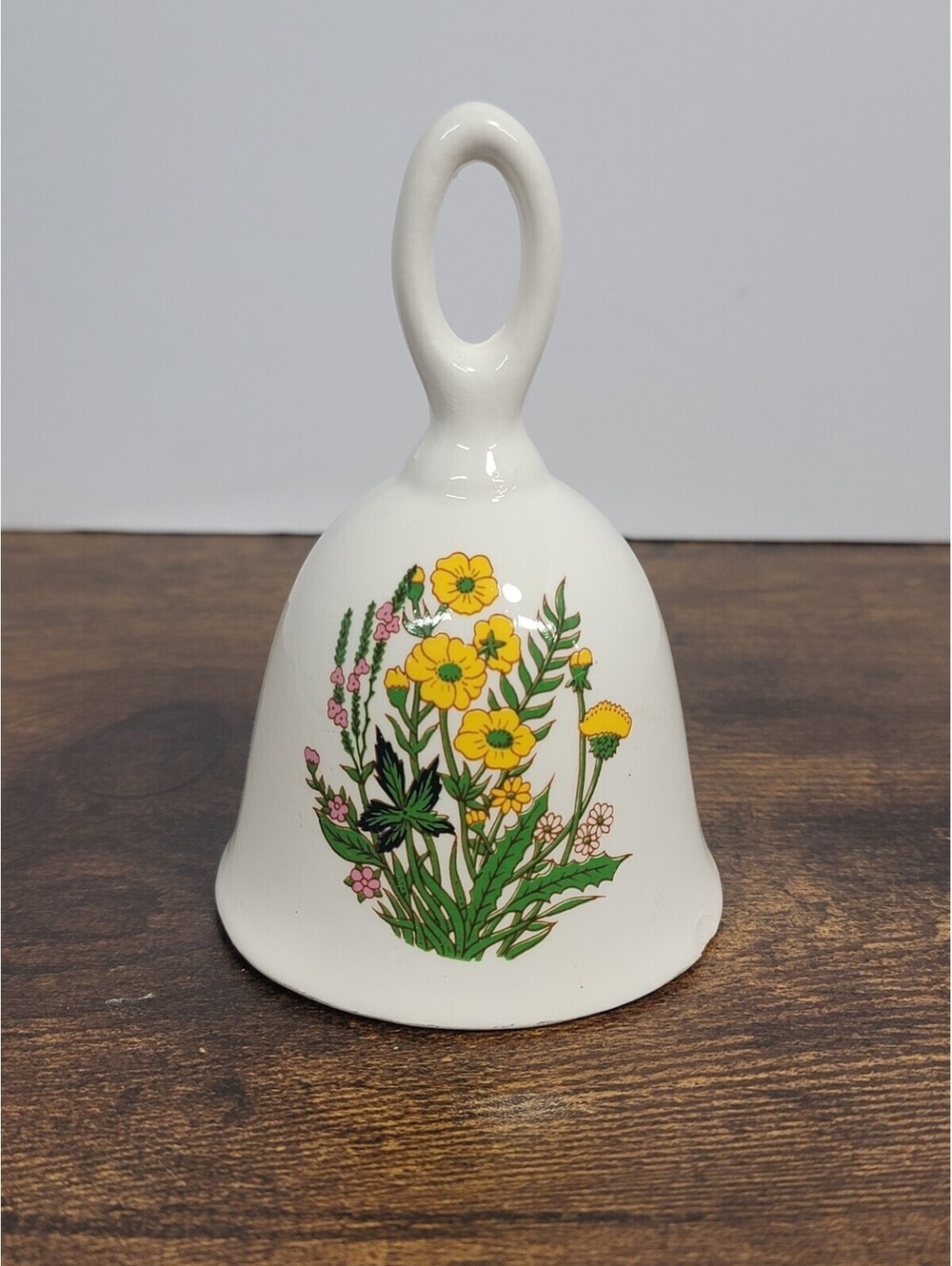Vintage Flambro Porcelain Hand Bell Yellow Pink Flowers *I